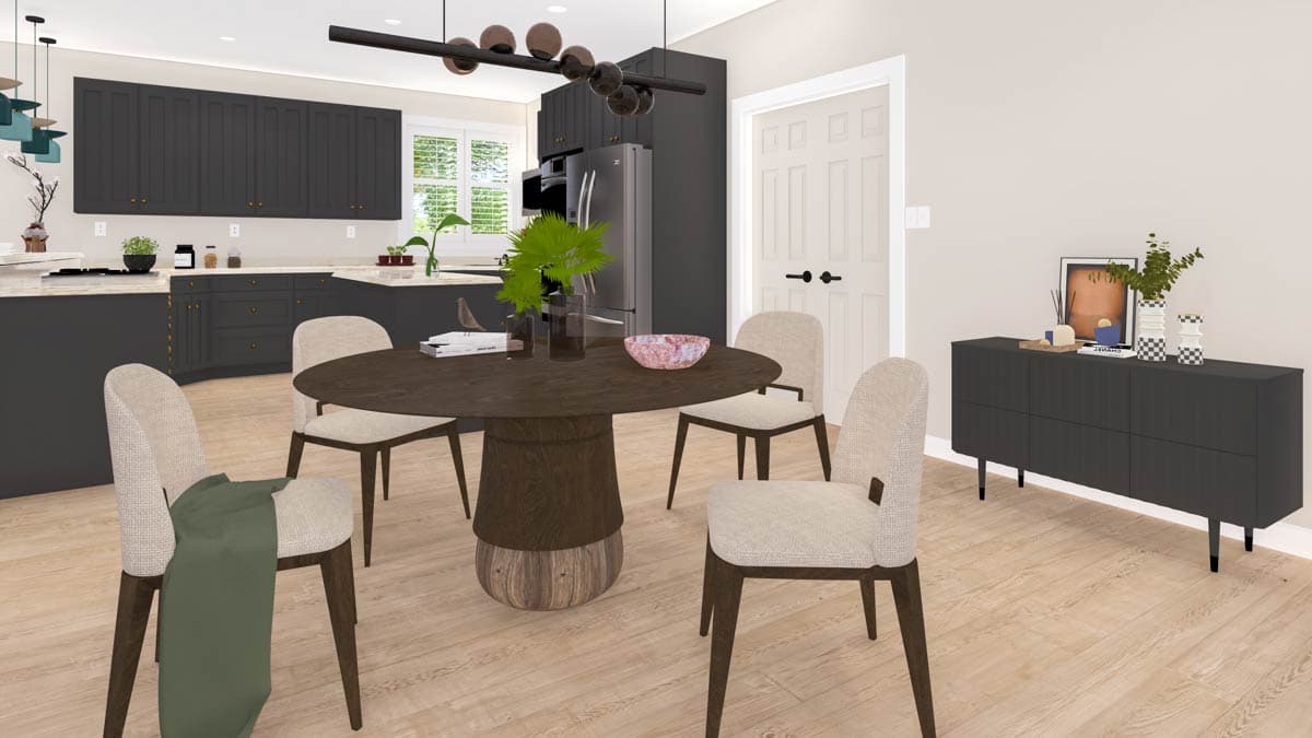 Kitchen and dining area with dark gray cabinets, island, round table with chairs, and buffet.