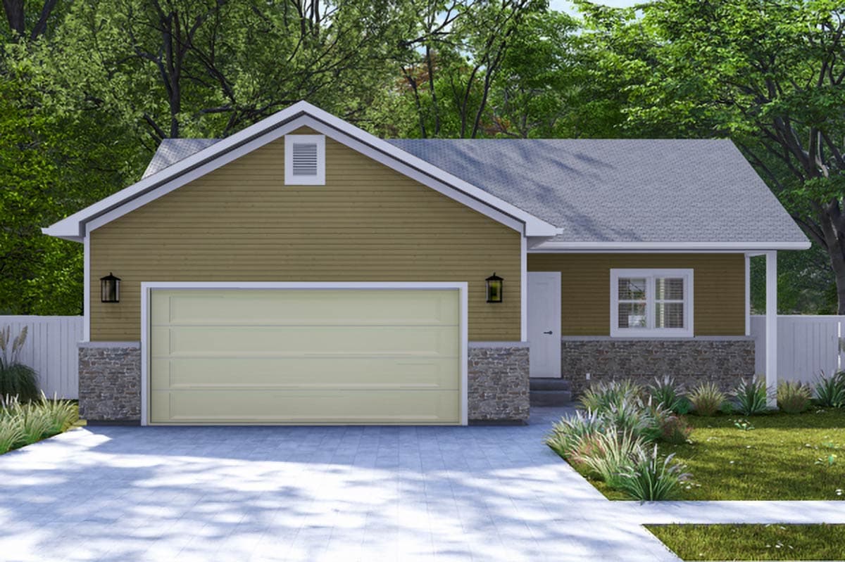 House plan exterior with gable roof, single-car garage, stone veneer on base, and front porch. One story with a rectangular footprint.