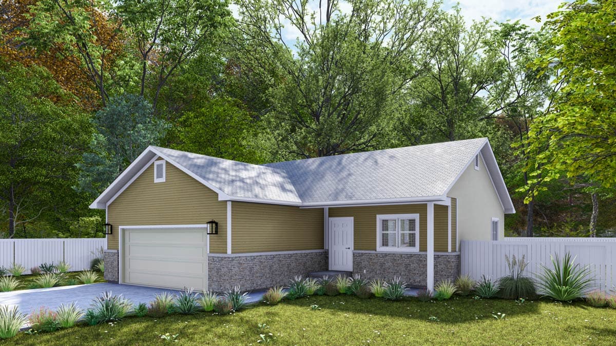 House plan exterior: one-story home with attached garage, stone skirt, gable dormer, and white picket fence.