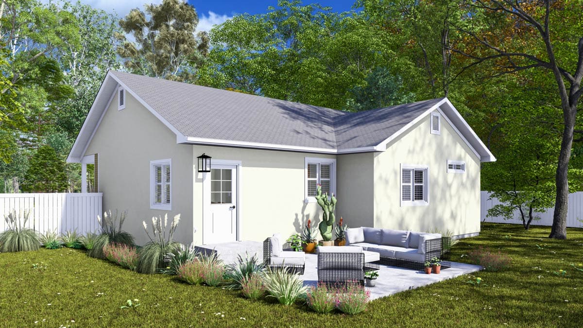 House plan exterior rendering of a one-story home with gable roof, prominent gables, and simple window placement.