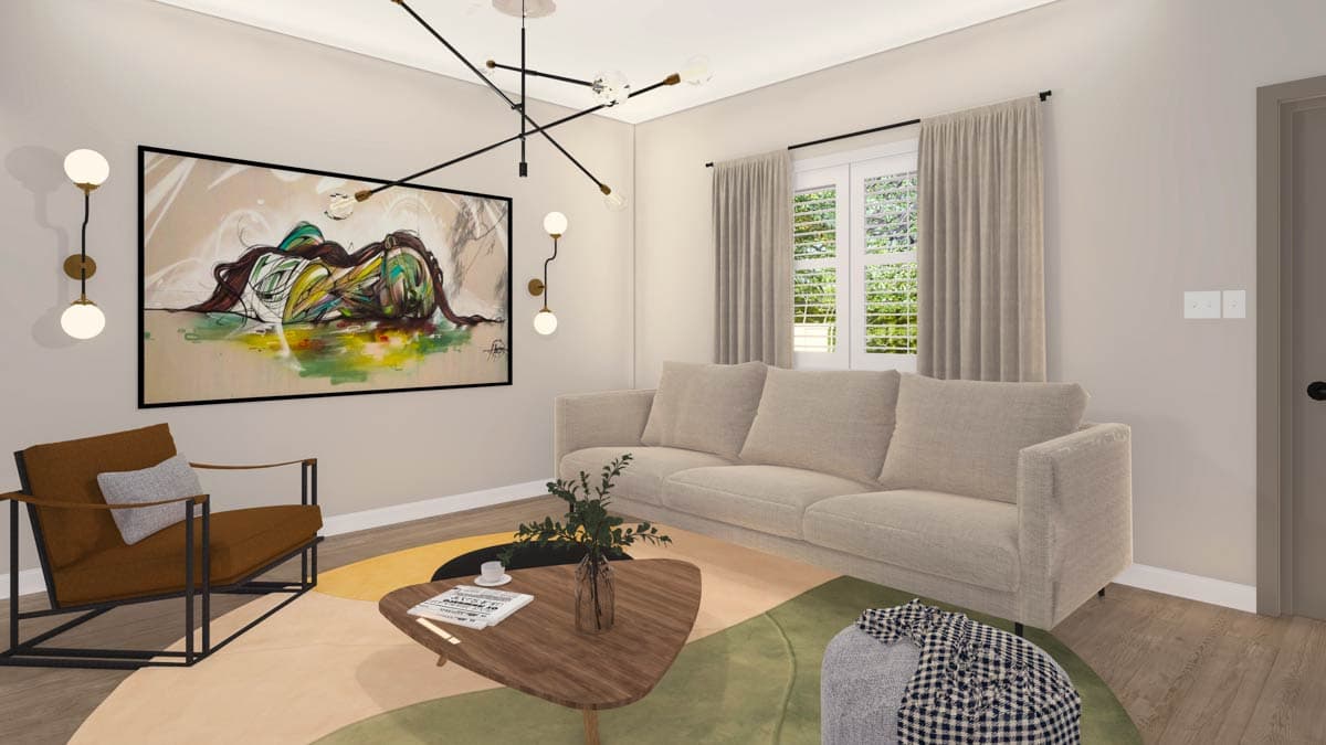 Contemporary living room with neutral sofa, accent chair, abstract art, and modern multi-arm chandelier.