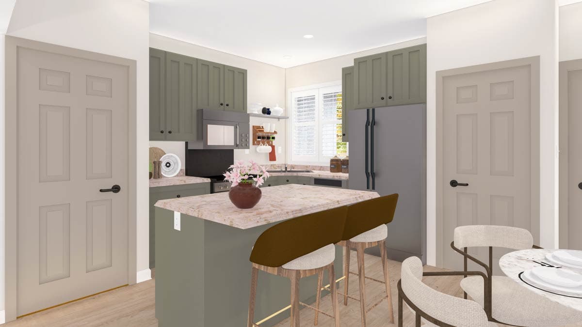 Kitchen with island, bar stools, microwave, oven, refrigerator, window, and two interior doors.