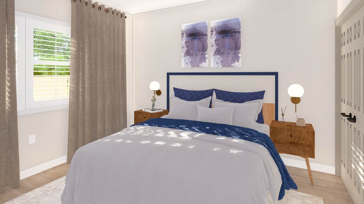 Bedroom interior rendering with upholstered headboard, nightstands, window with blinds and curtains, and a door.