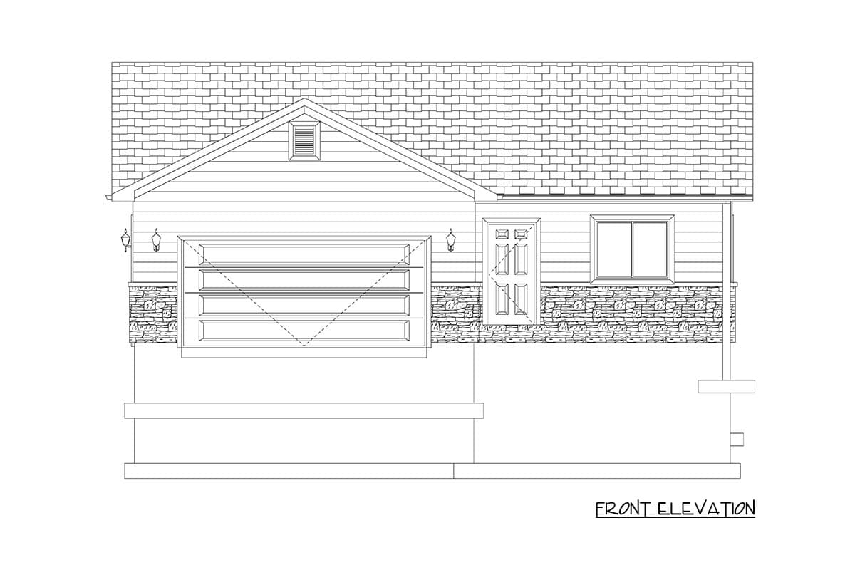 Front elevation house plan showing a one-story home with a gable roof, stone base, front door, window, and attached garage.