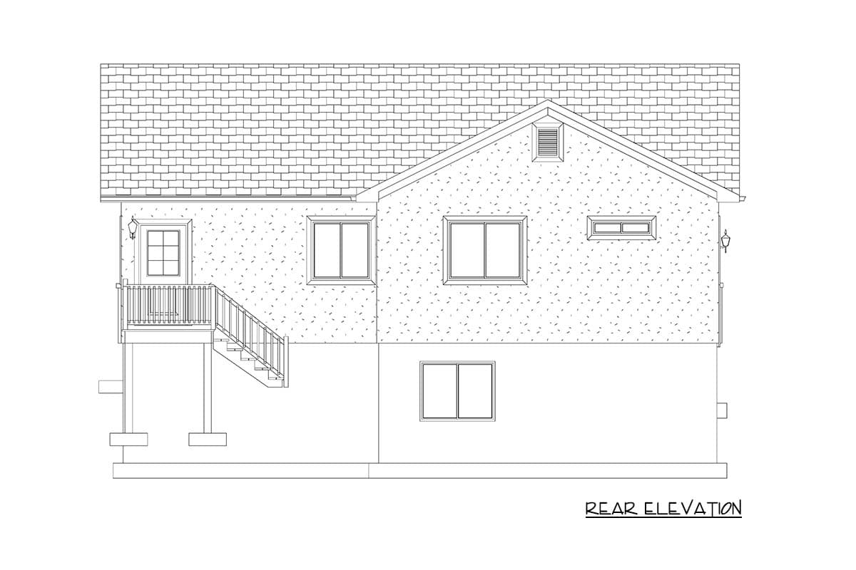 Rear elevation of a house plan showing a pitched roof, gable dormer, side entrance with stairs, and multiple windows.