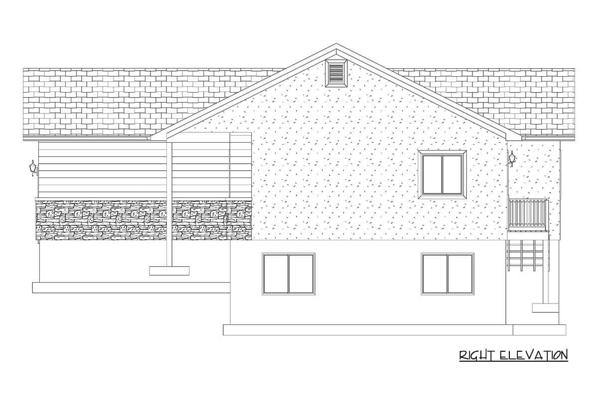 Right elevation house plan with a gable roof, horizontal siding, stone base, covered porch, and two windows on the main level.