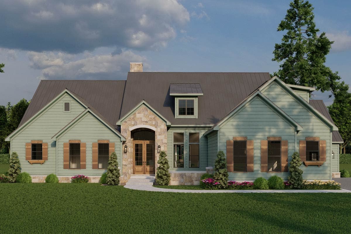 House plan exterior featuring a two-story farmhouse style with gables, stone archway over front door, and dormer window.