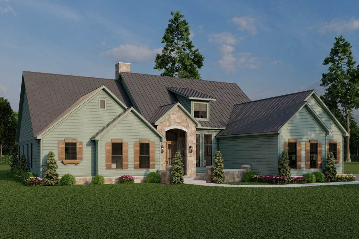 Modern Farmhouse house plan exterior with metal roof, stone arch entry, gables, and board and batten siding.