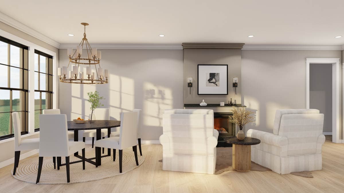 Open concept living and dining area with fireplace, large windows, and chandelier.