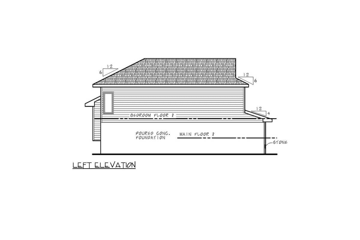 Left elevation drawing of a two-story house plan with a pitched roof, horizontal siding, and poured concrete foundation.