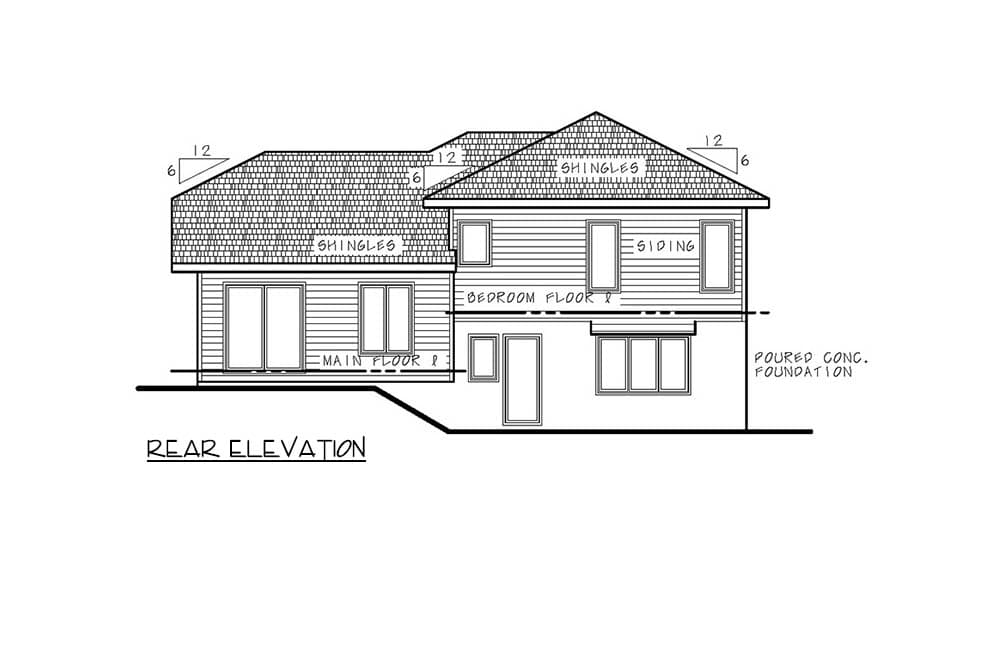 Rear elevation drawing showing two stories, shingled roof, siding, and poured concrete foundation.