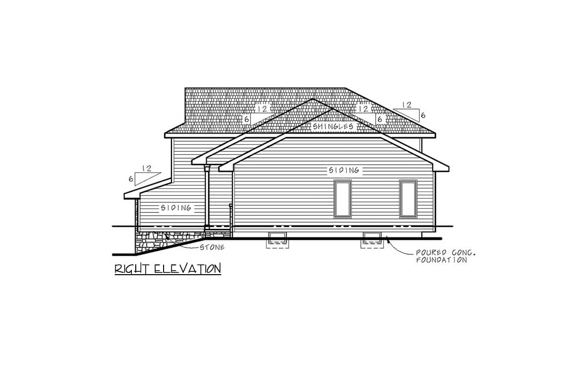 Right elevation house plan with siding, stone foundation, pitched roof with shingles, and dormers.