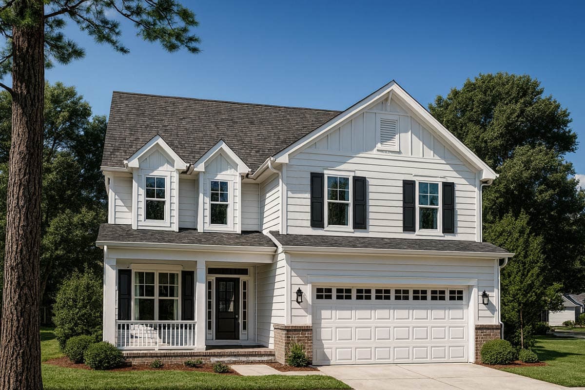House plan exterior featuring a two-story farmhouse style home with gabled roof, dormers, a front porch, and an attached garage.