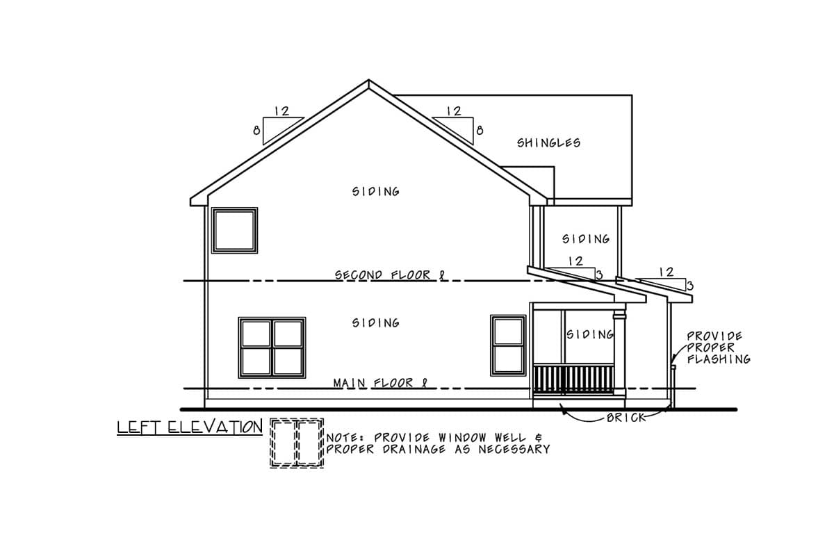 Left elevation drawing of a two-story house plan with siding, shingles, and a porch.