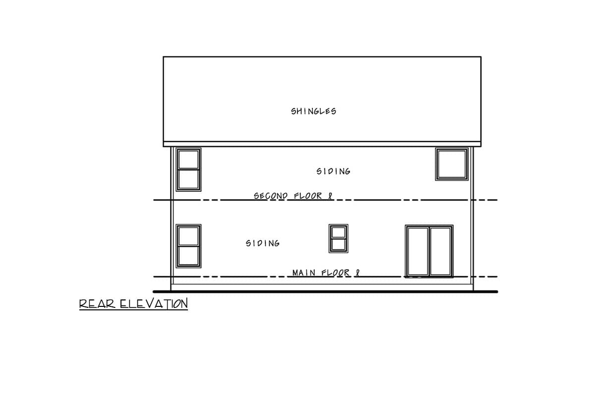 Rear elevation drawing of a two-story house plan with siding, showing windows on main and second floors, and a shingled roof.
