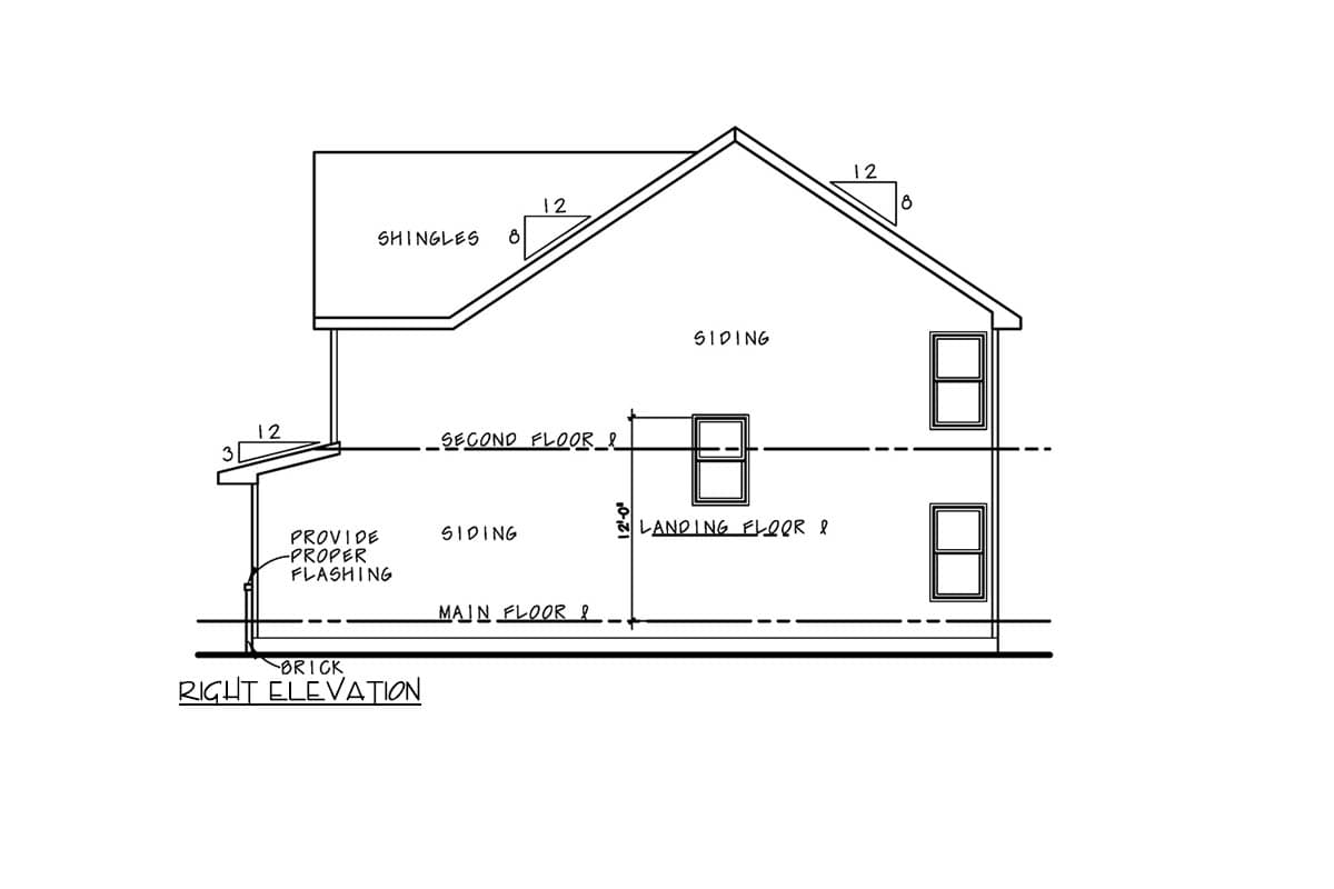 Right elevation drawing of a two-story house with siding, brick base, and gable roof with shingles.