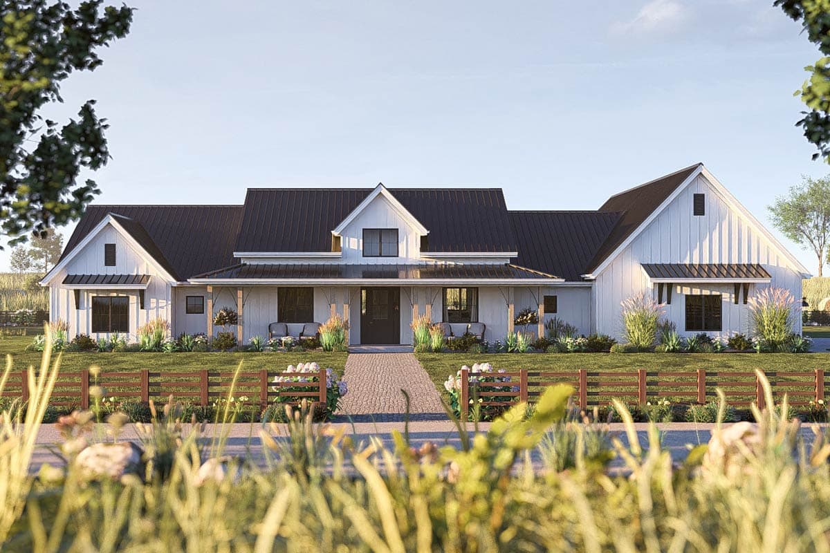 House plan exterior. Modern Farmhouse style with a front porch, gables, and a dark metal roof. Two-story with board-and-batten siding.
