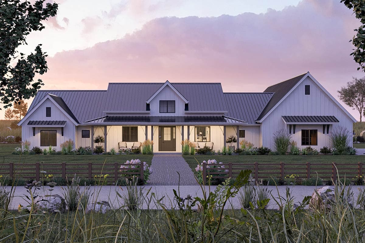 Modern Farmhouse house plan exterior with a full-length porch, metal roof, and multiple gables.
