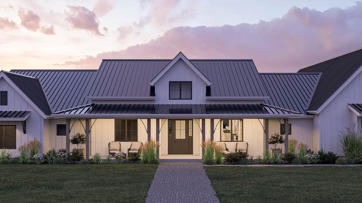 Modern Farmhouse house plan exterior with a wide covered porch, metal gable rooflines, and vertical siding.