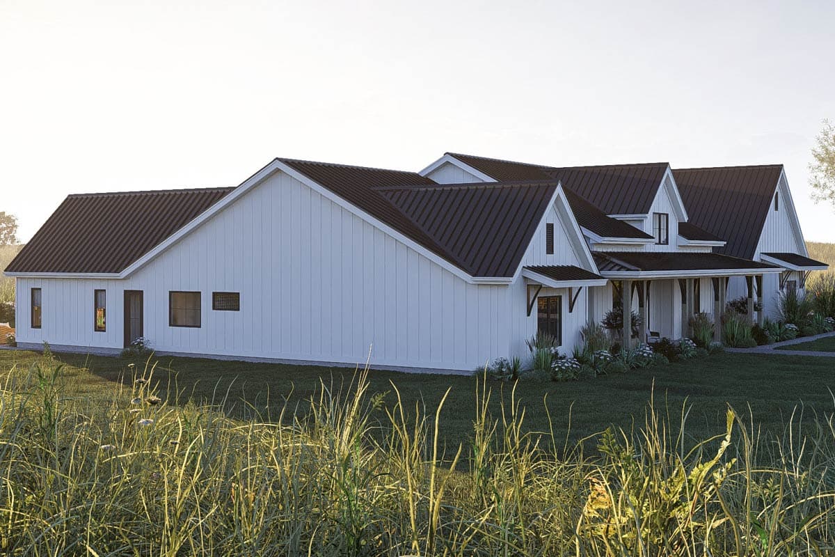 Modern Farmhouse style house plan exterior with vertical siding, metal roof, gables, and covered front porch with wood columns.