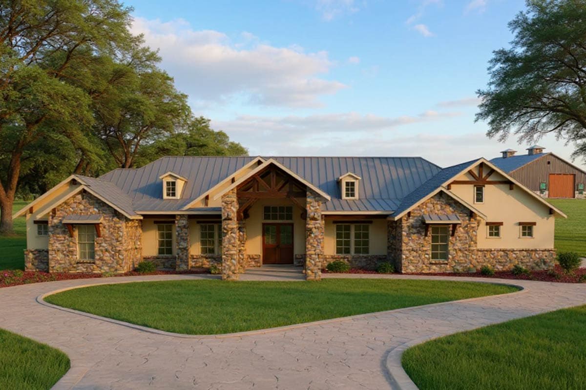 House plan exterior. Ranch style with stone accents, metal roof, and gabled rooflines. Features dormers and an open porch.