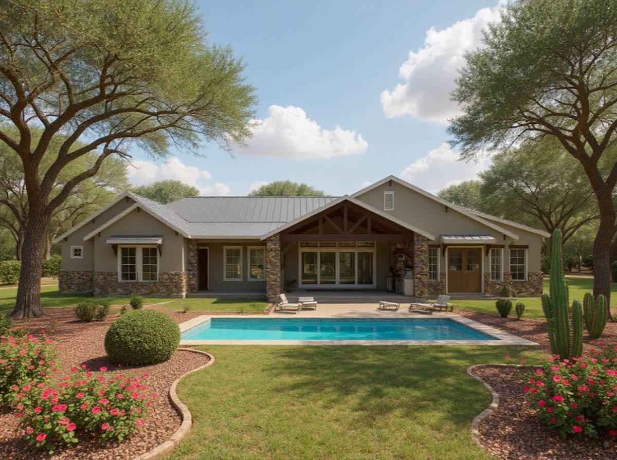 One-story house plan exterior with stone accents, metal roof, gabled entry, and covered patio overlooking pool.