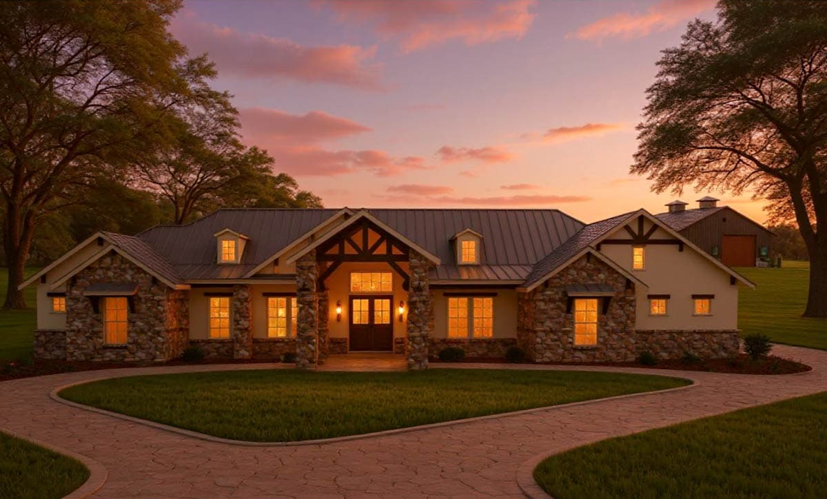 House plan exterior with stone accents, metal roof, dormers, and covered entryway with timber supports.