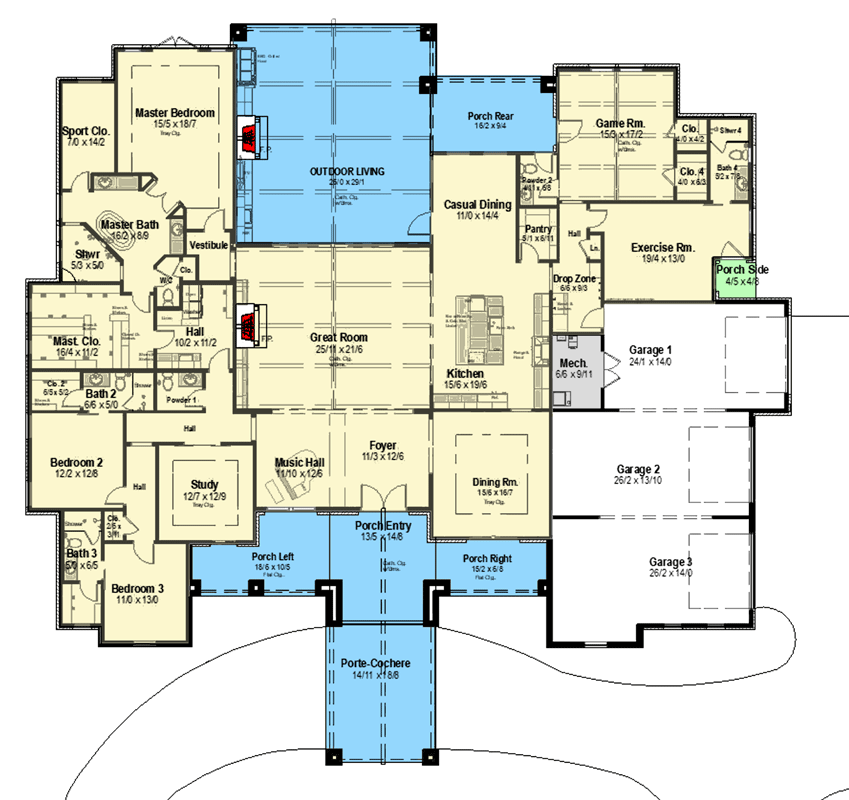 Plan 54045LK: Elegant Hill Country House Plan with Outdoor Living and Music Hall - Floor Plan - Main Level - Hill Country, Southwest