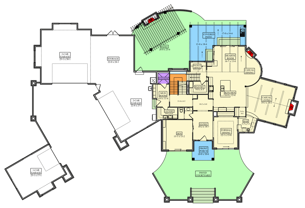 Plan 95332RW: European-Inspired House Plan with Elevator and 5-Car Garage - Floor Plan - Main Level - European, Traditional