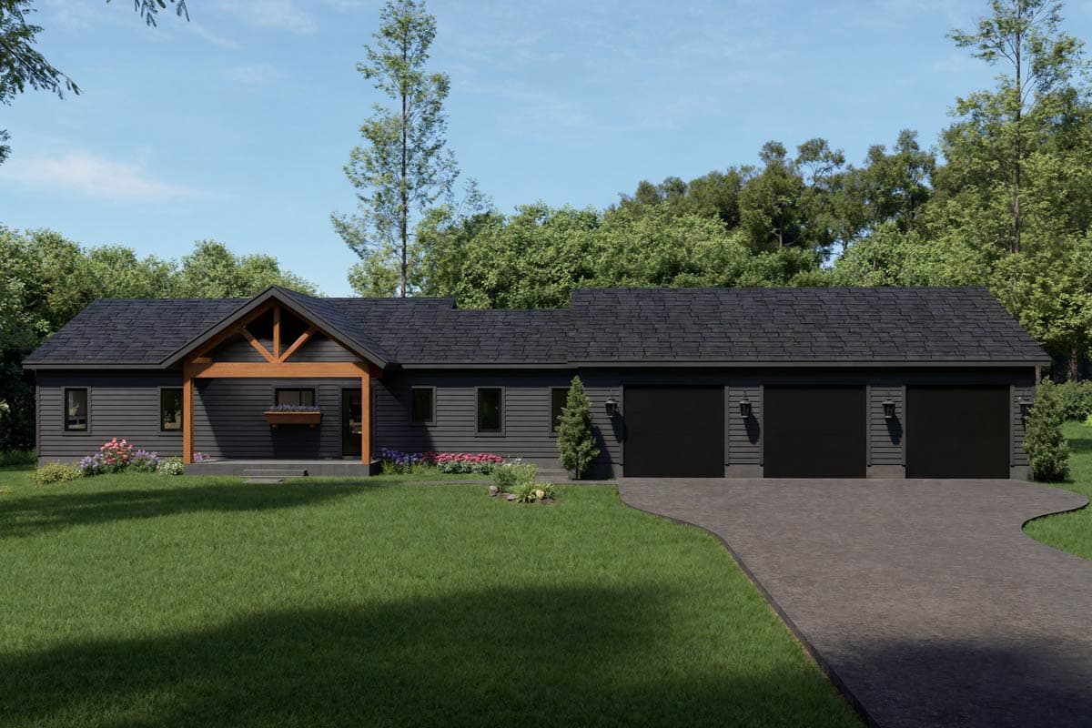 House plan exterior. One-story Craftsman style home with front porch and exposed timber framing. Features a three-car garage and gabled roofline.