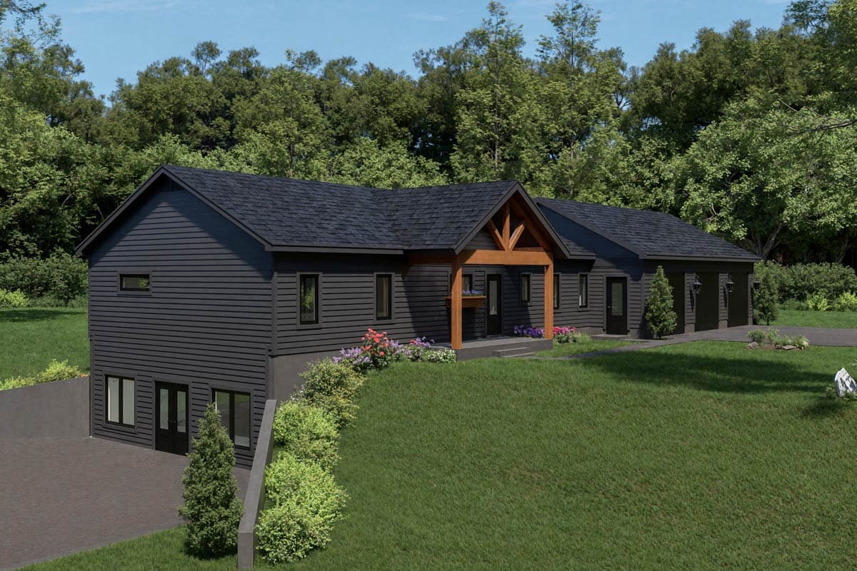Modern house plan exterior with dark siding, a pitched roof, wooden-supported gabled entry, and a three-car garage.
