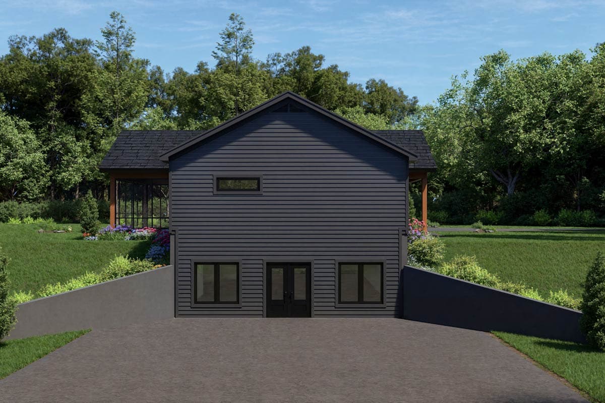 House plan exterior of a two-story modern home with horizontal siding, double front doors, and a covered porch.