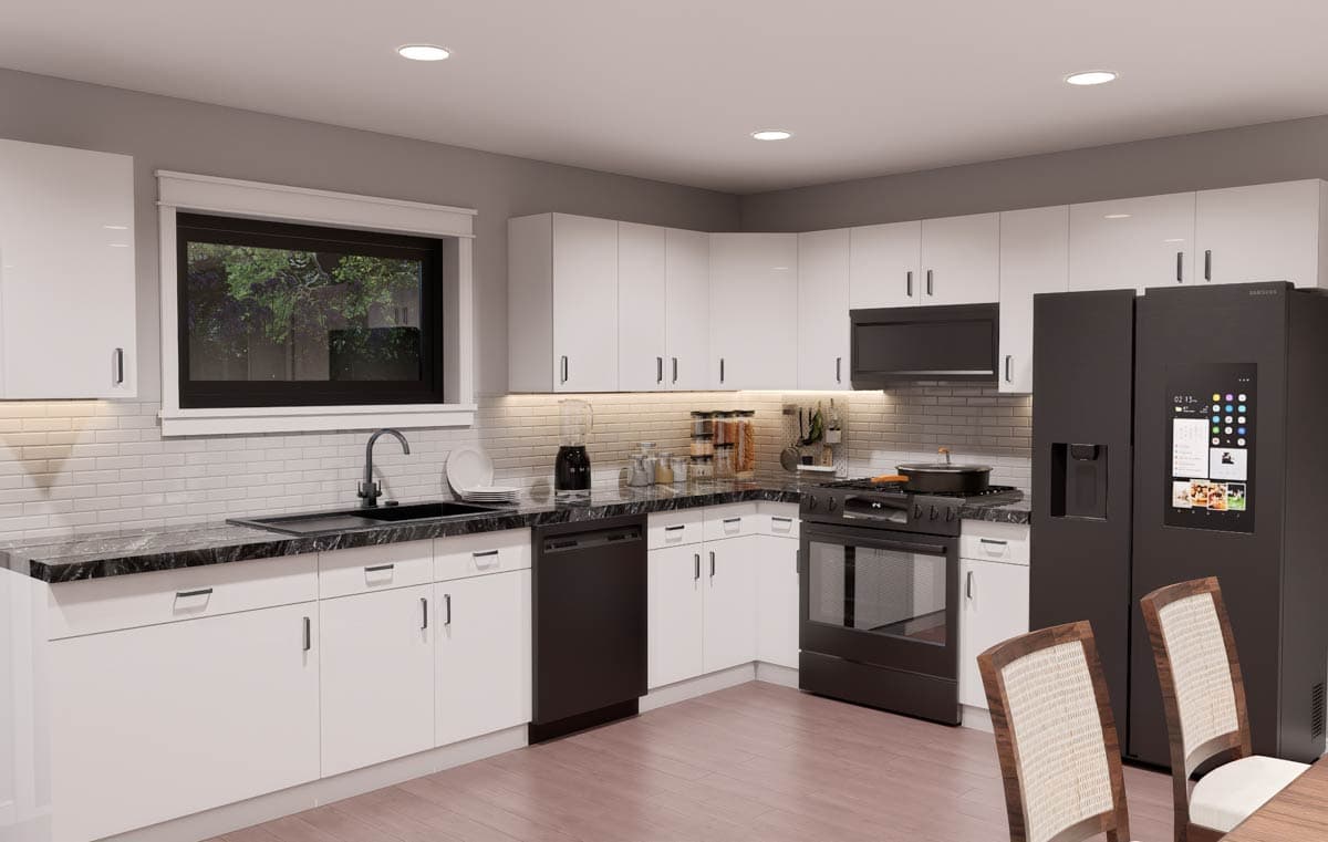 Interior rendering of a modern kitchen with white cabinetry, black granite countertops, stainless steel appliances, and a wide window.