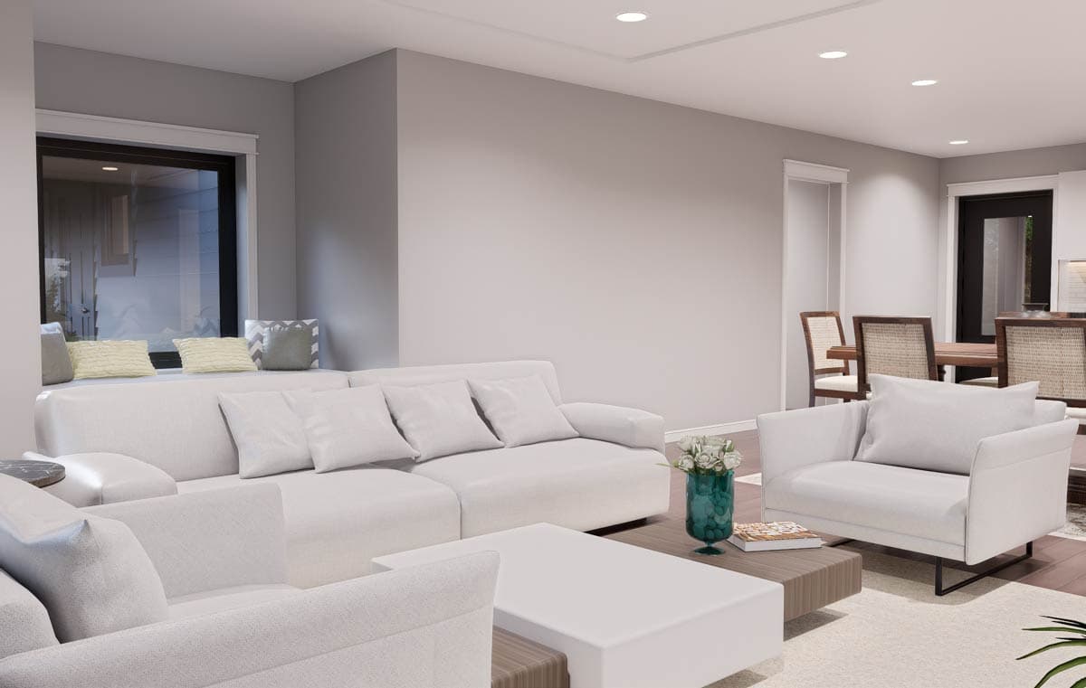 Rendering of a living room with sectional sofa, accent chairs, coffee table, and dining area visible beyond.