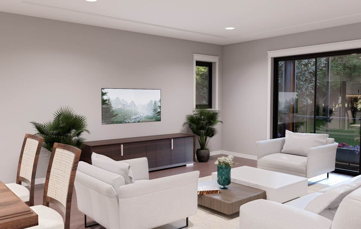 Rendering of a living room with a large television, sectional sofa, coffee table, and sliding glass doors.
