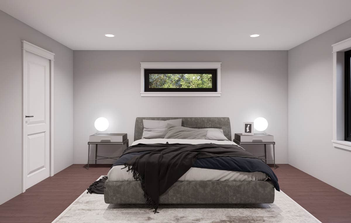 Bedroom interior rendering with a king bed, modern nightstands, and a horizontal window with treetop views.