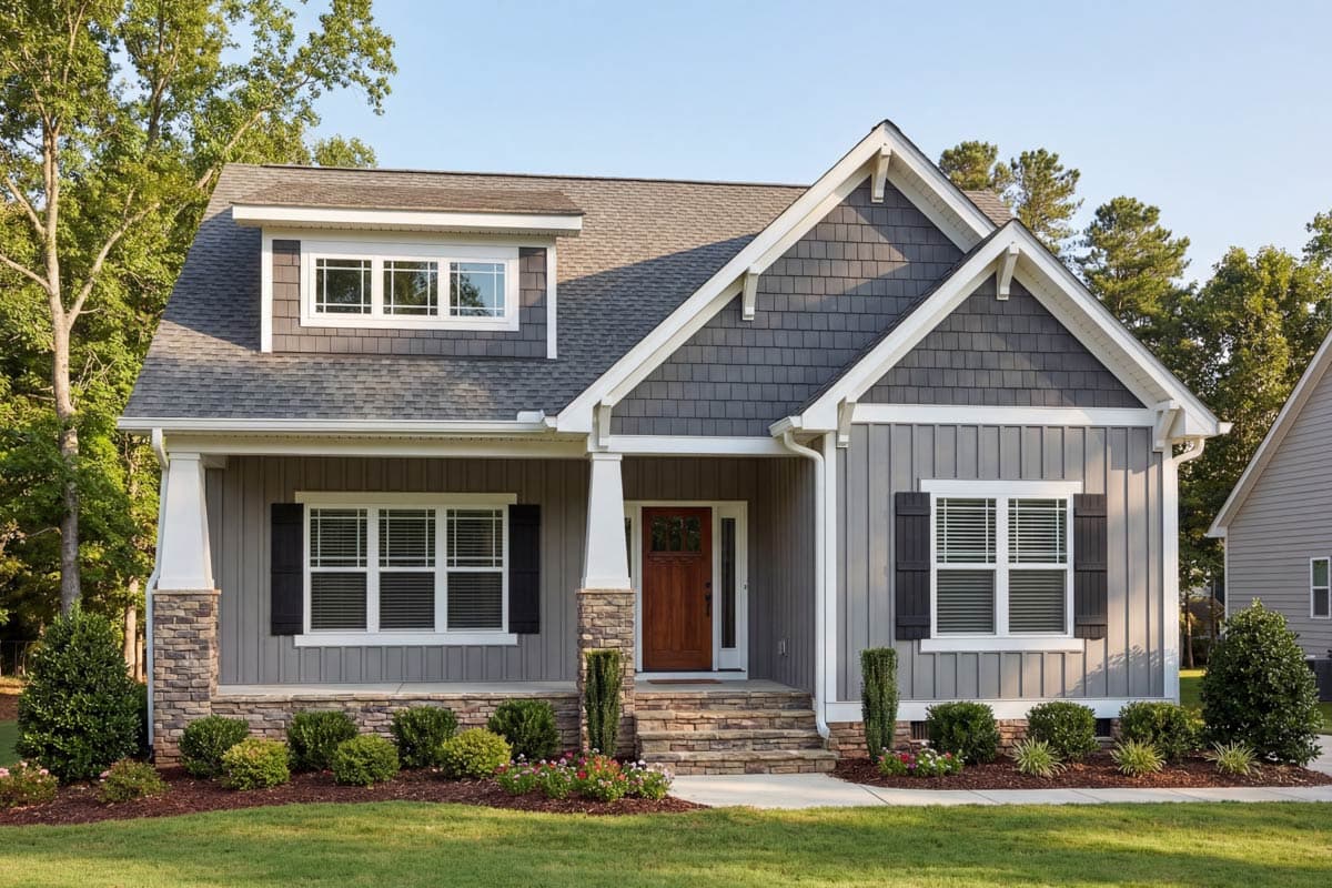 House plan exterior. Craftsman-style home with gabled roof, stone-based porch, and dormer. Features vertical siding, shutters, and a front entry door.