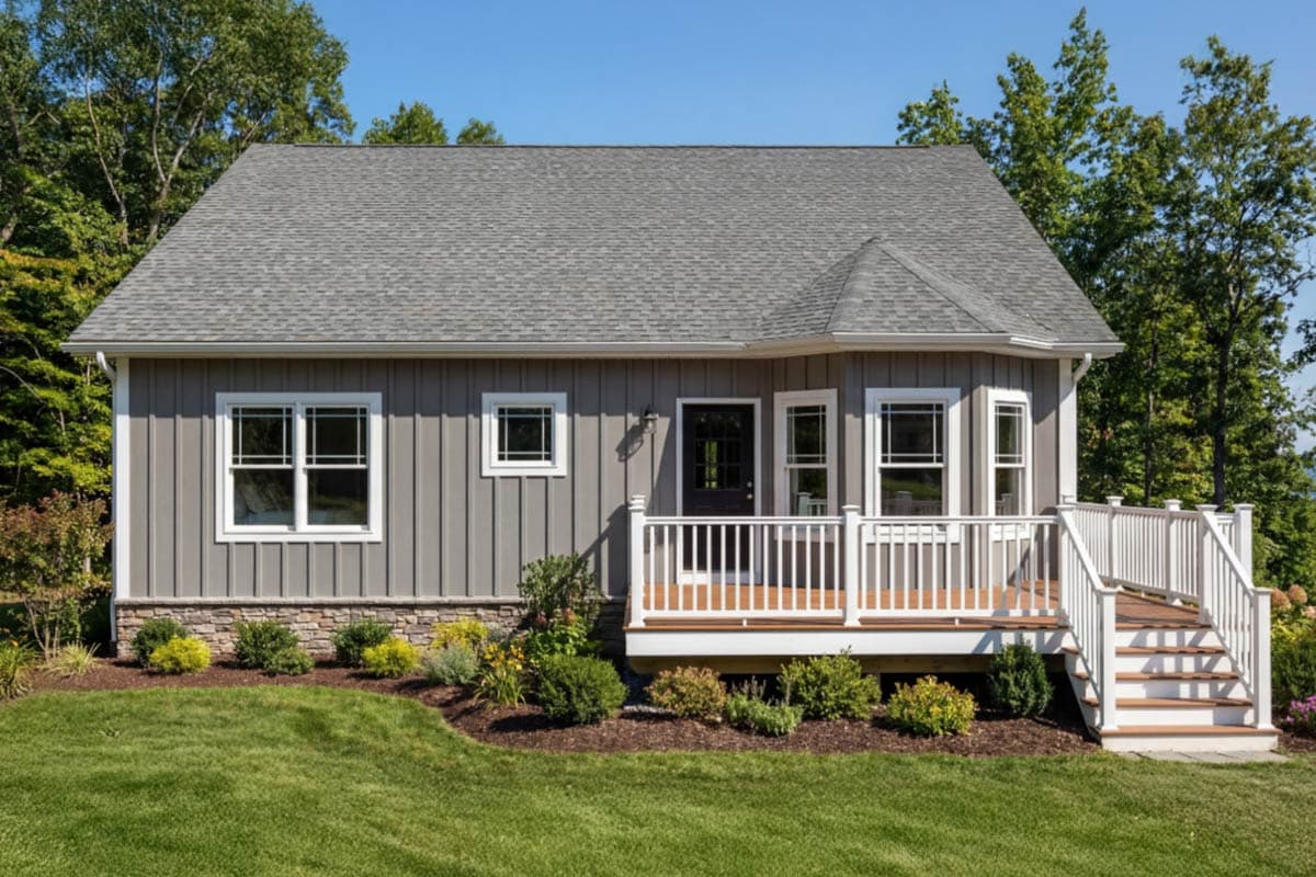 House plan exterior: One-story home with vertical siding, stone foundation, front porch with railing, and multi-pane windows.