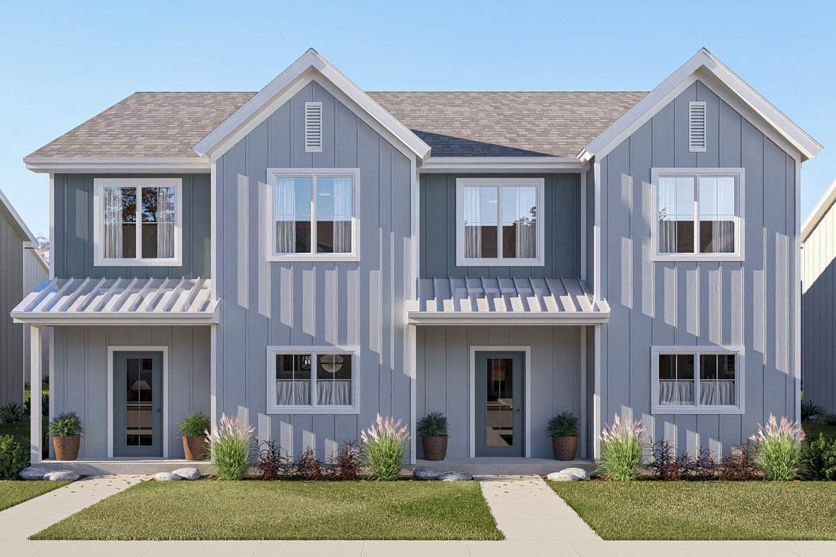 House plan exterior. Two-story, Modern Farmhouse style with gabled roof, metal porch awnings, and vertical siding. Features symmetrical design.