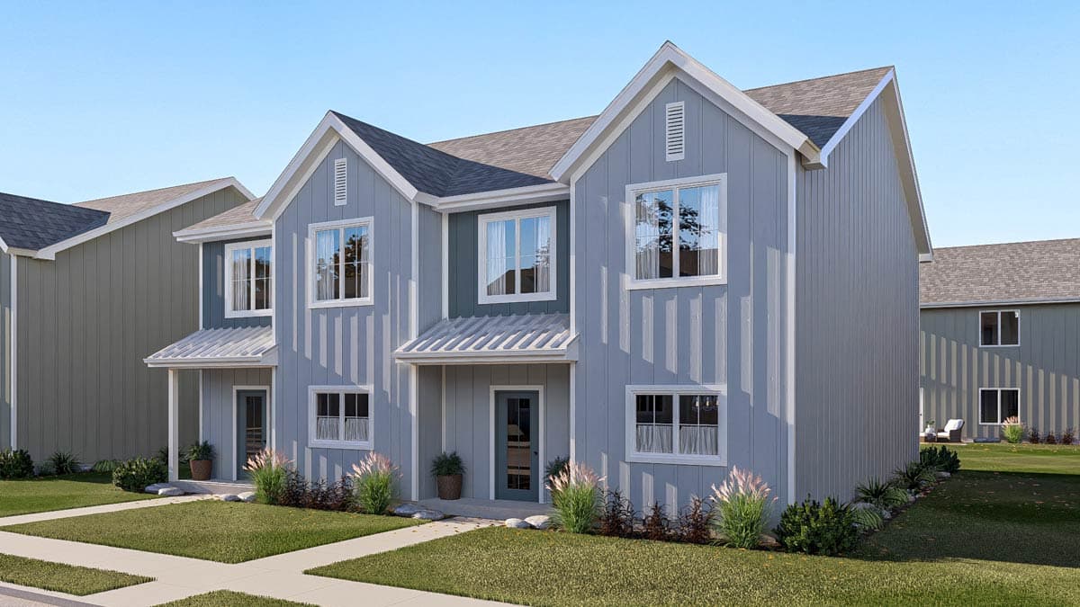 Modern Farmhouse style house plan exterior: two stories, vertical siding, prominent gables, and a covered entry.