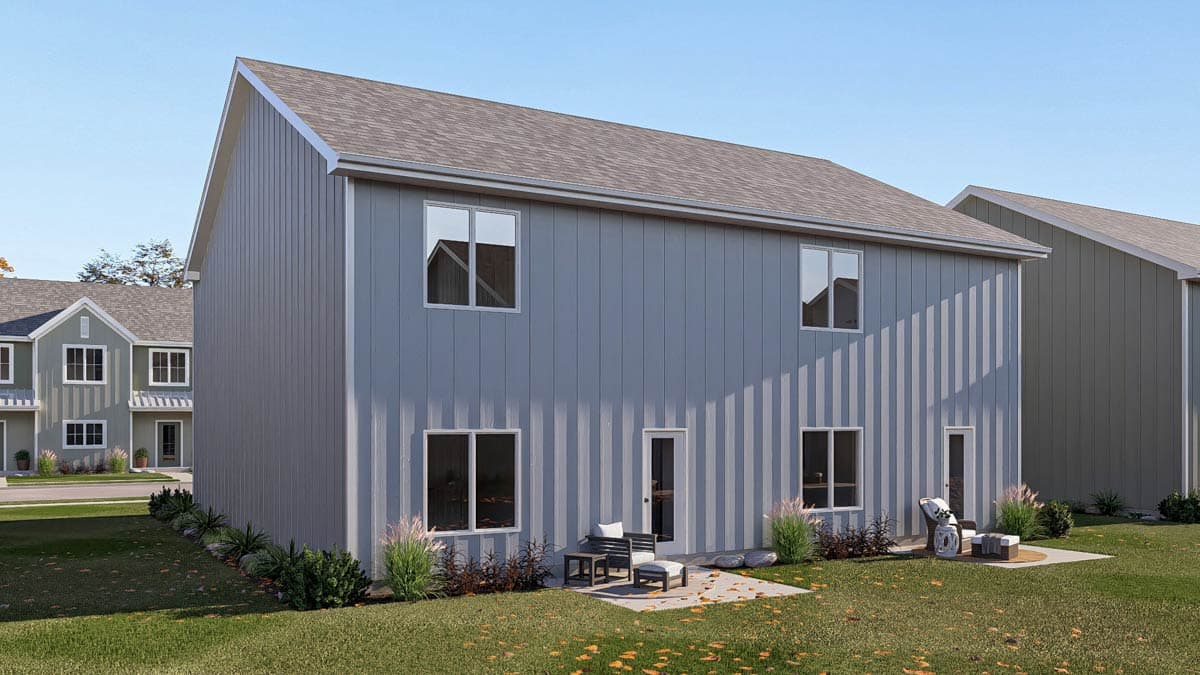 House plan exterior: two-story modern home with vertical siding, gable roof, and multiple windows.
