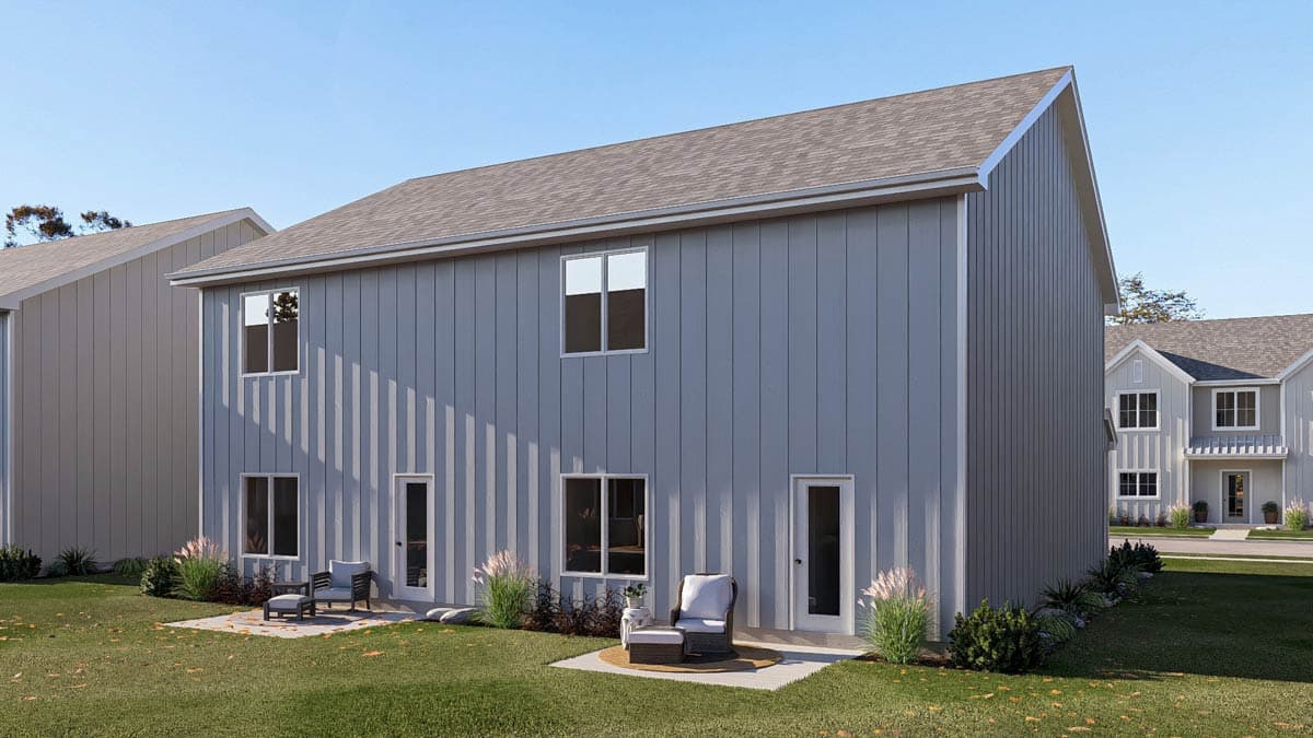 Modern farmhouse house plan exterior, two stories, vertical siding, gable roof, and multiple windows.