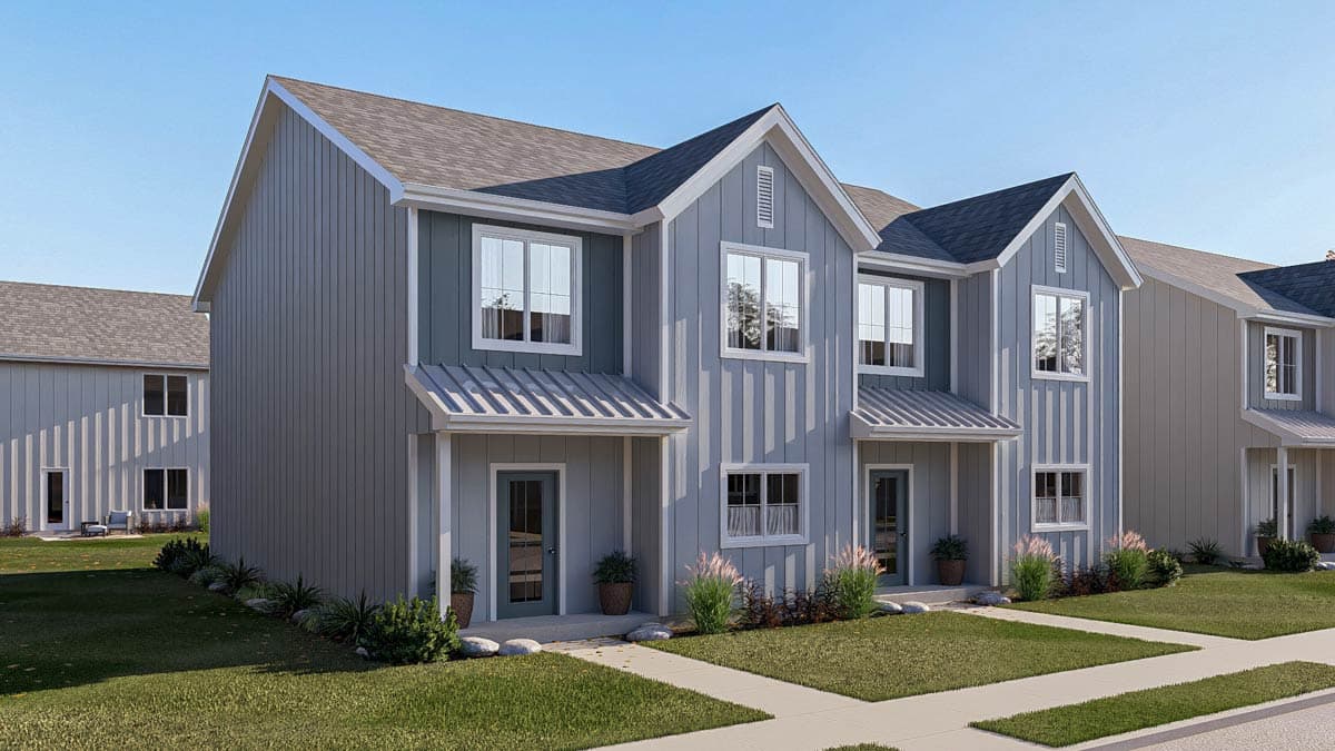 House plan exterior shows two-story modern farmhouse design with vertical siding, gable roofs, and metal porch awnings.