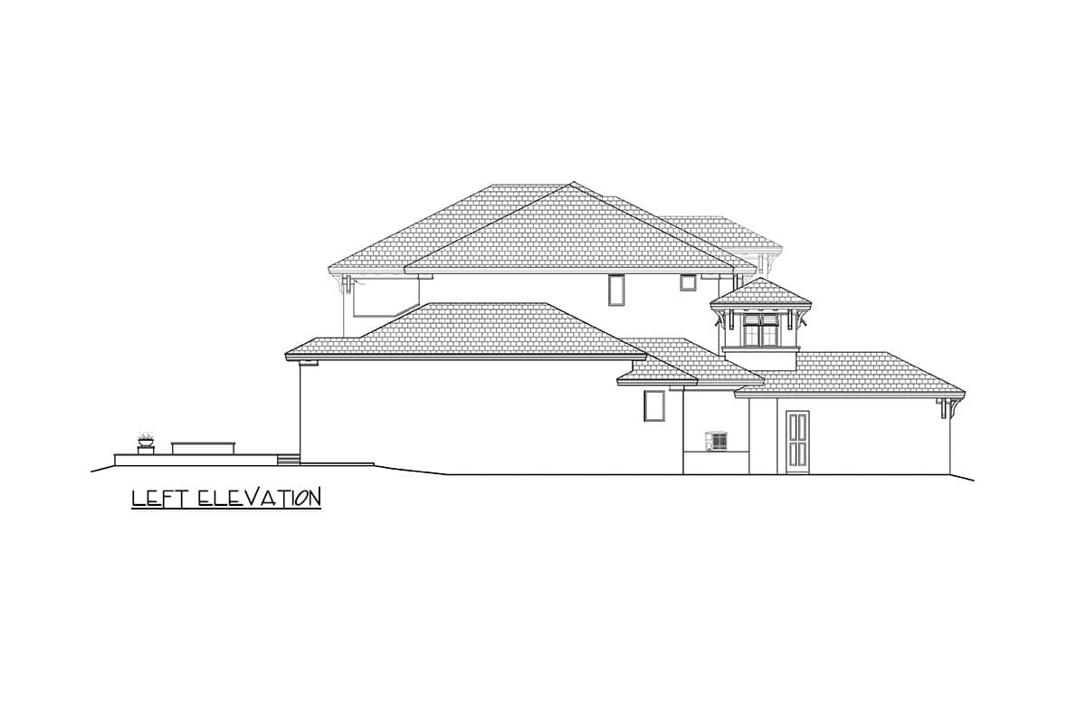 Left elevation house plan showing multiple gables, a prominent hip roof, and a raised section with windows.