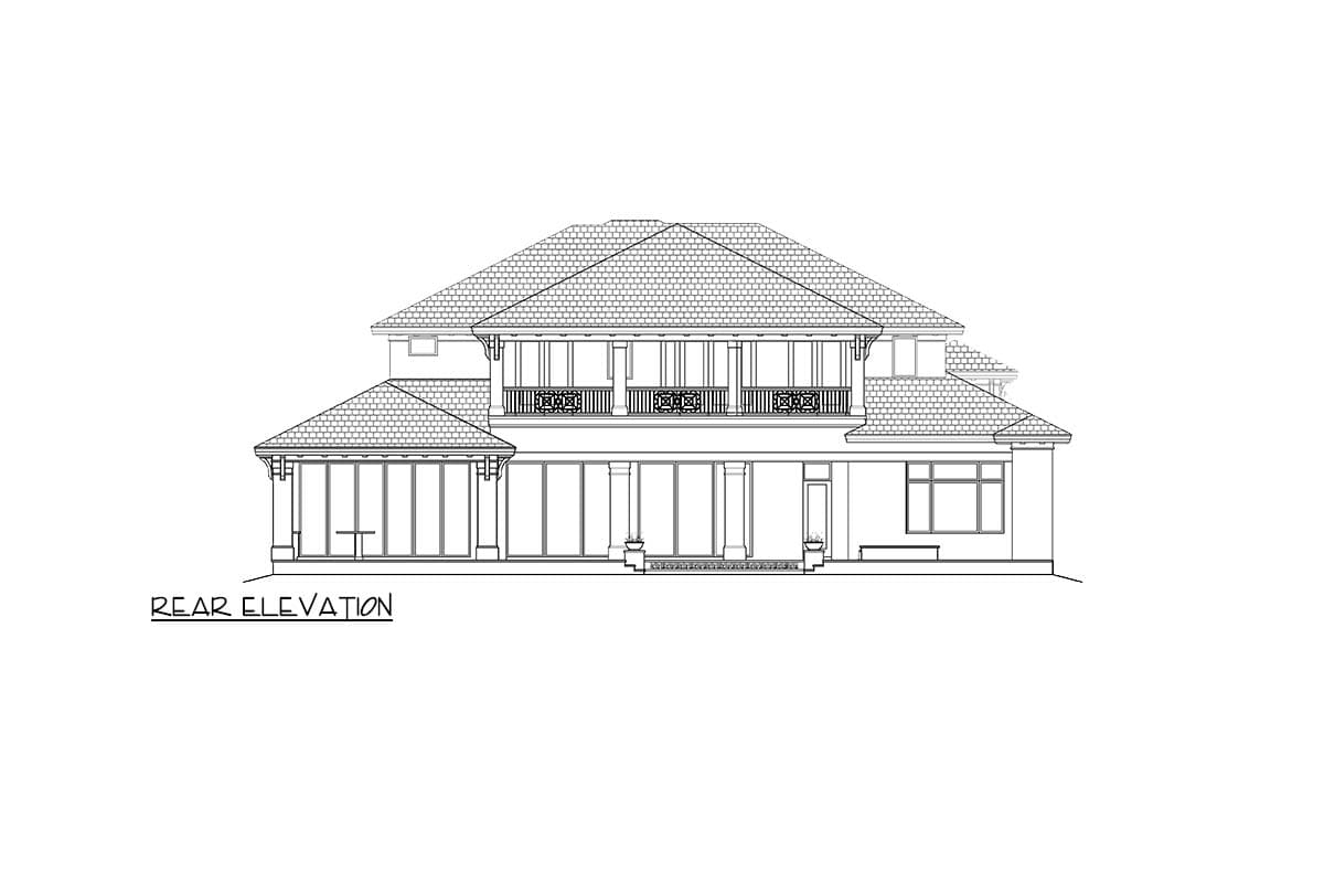 Rear elevation of a two-story house plan with a hipped roof, second-story balcony, and large glass doors.