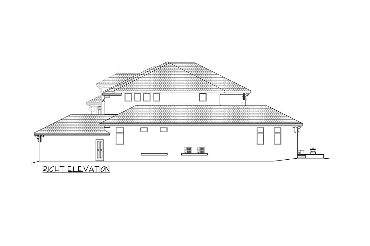 Right elevation house plan drawing showing a multi-story home with tiled rooflines and multiple windows.