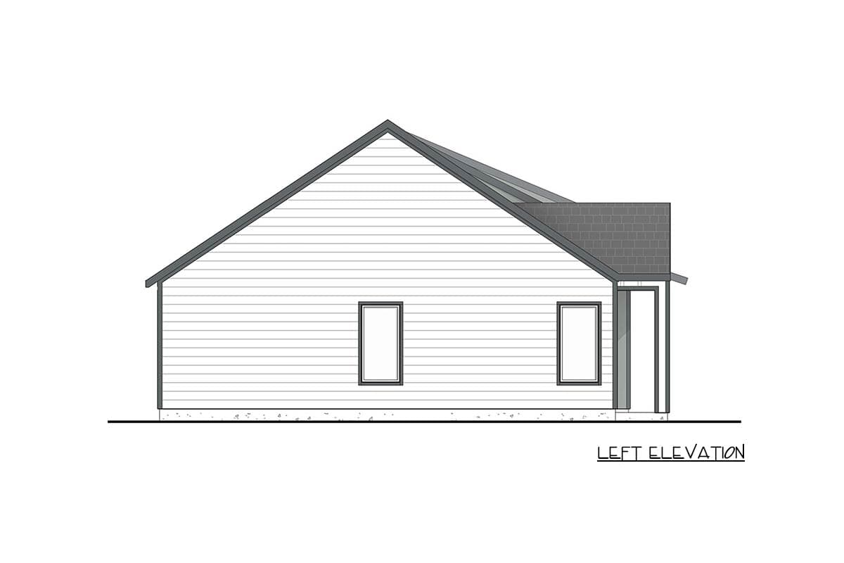 Left elevation house plan drawing showing siding, two windows, and a gabled roofline with a dormer.