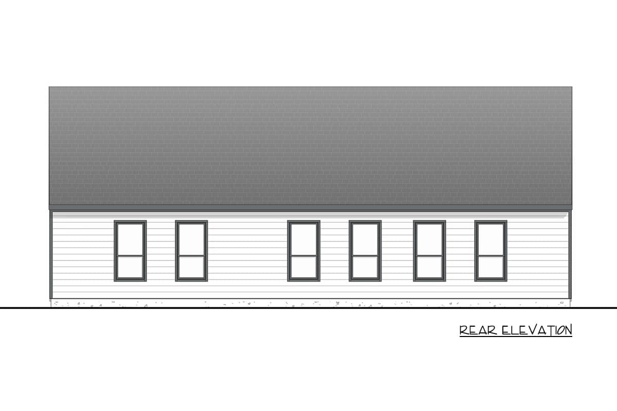 Rear elevation drawing of a house plan showing a horizontal siding wall with six evenly spaced windows under a large gambrel roof.