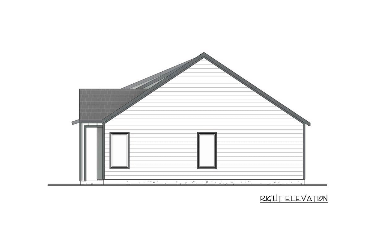 Right elevation drawing of a one-story house plan with horizontal siding, a gable roof, and two windows.