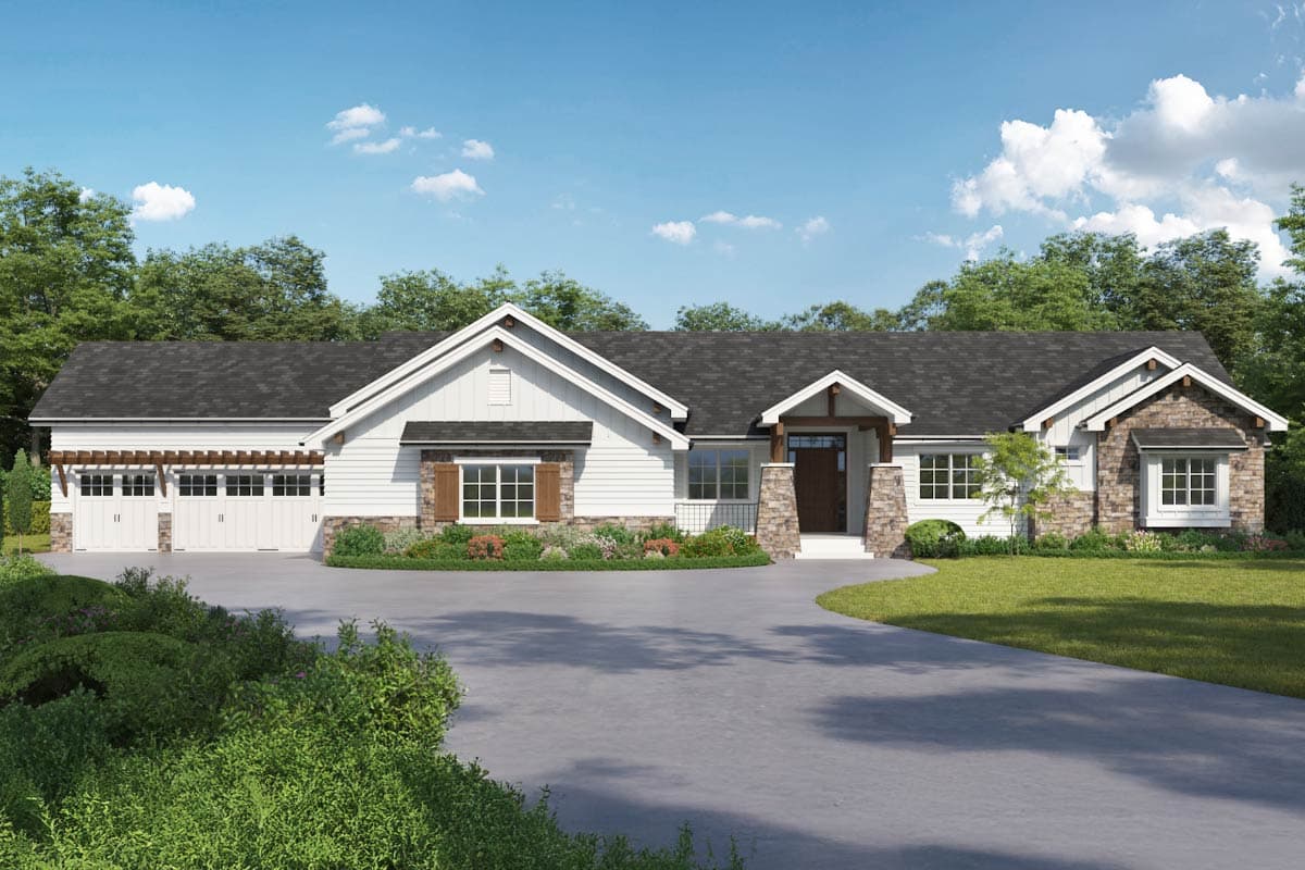 House plan exterior. Modern farmhouse style with a single story, a gable roof, stone accents, and a front-entry porch.